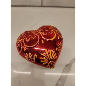 Vintage Christopher Radko Red Gold Glitter Heart Hinged Trinket Box Jewelry Box
